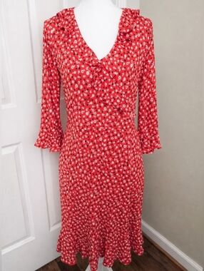 Boden Michaela Jersey Ruffle 3/4 Sleeve Dress in Rosehip Daisy Ditsy US Size 8